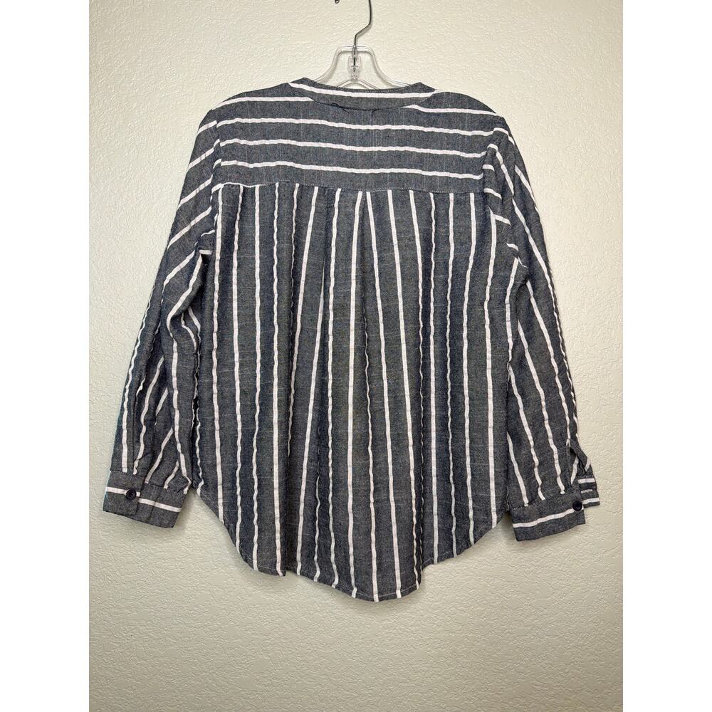 Yidarton Blue White Striped Linen Blend V-Neck Button Blouse XL - Picture 2 of 9